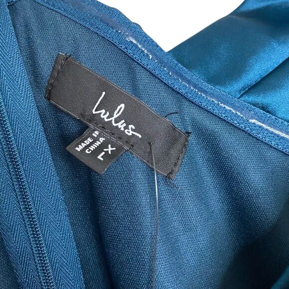 Lulus Maxi Dress Womens XL Satin Stunning Arrival Dark Teal Off The Shoulder NWT - Picture 3 of 14